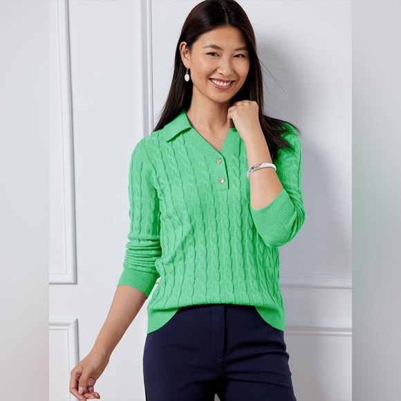 TALBOTS Johnny Collar Cable Knit Sweater Women’s Green Classic Polo Pullover M - Picture 1 of 8